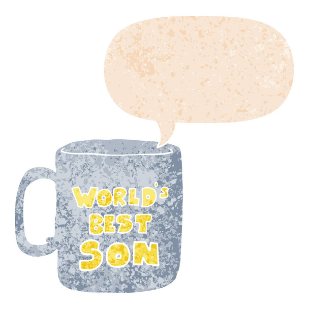 レトロな質感のスタイルで世界最高の息子のマグカップとスピーチバブル - ベクター画像