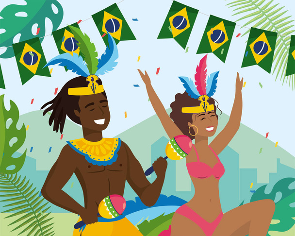 man and girl dancers with maracas and costume - Vector, Image