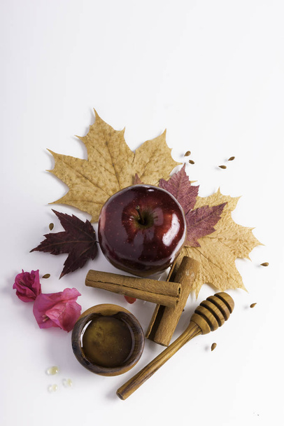 Rosh Hashaná conceito de férias judaicas - maçã vermelha, mergulhador de madeira, pires de mel em folhas de bordo de outono, fundo branco com flores cor-de-rosa e canela. Símbolos tradicionais de férias
 - Foto, Imagem