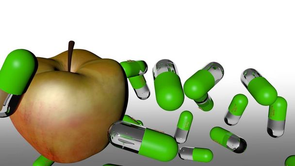 Πολύχρωμη κάψουλα με διαφανές τζελ σώμα και ένα μήλο. (3D αποδίδεται ) - Φωτογραφία, εικόνα