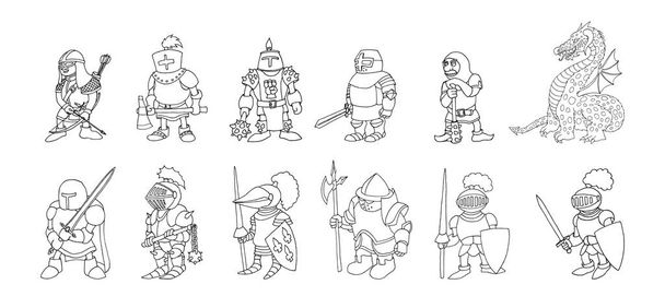 Dibujos para colorear conjunto de dibujos animados caballeros medievales preparándose para el torneo de caballeros
 - Vector, Imagen