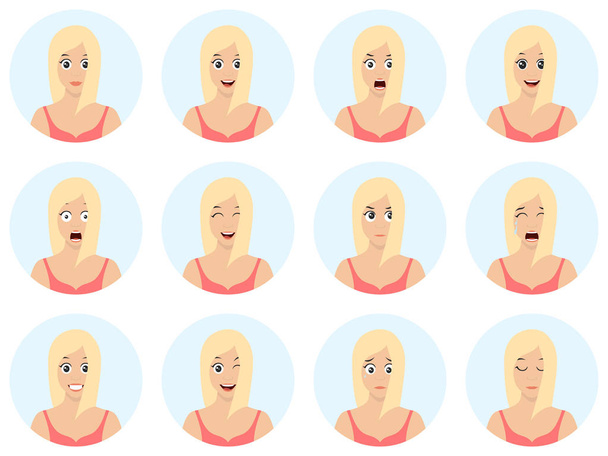 Sexy and beautiful young girl avatars with different expressions. Girl emotion faces cartoon vector illustration. Woman emoji face cute symbols. Human expression sign. - Vector, Image