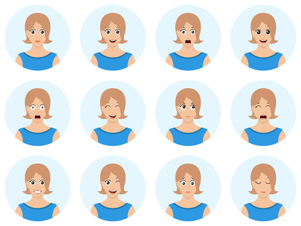 Business woman character emotions. Cute blond girl avatar. Ser of facial expression. High quality vector illustration. - Vector, Image