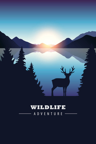 divoká zvěř dobrodružství losi v divočině u jezera při západu slunce - Vektor, obrázek