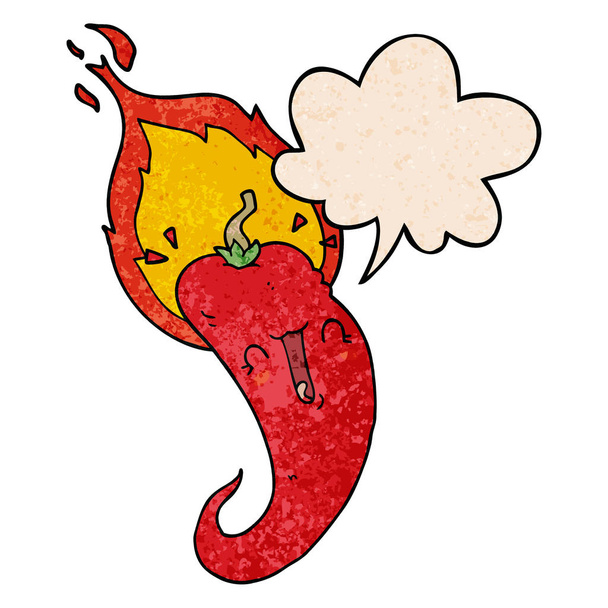 Cartoon Vlaming Hot Chili peper en toespraak bubble in retro tekst - Vector, afbeelding