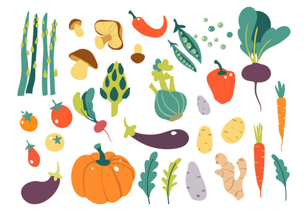 Szett kézzel készített színes firka zöldségeket. Zöldség lapos ikonok készlet uborka, sárgarépa, hagyma, paradicsom. - Vektor, kép