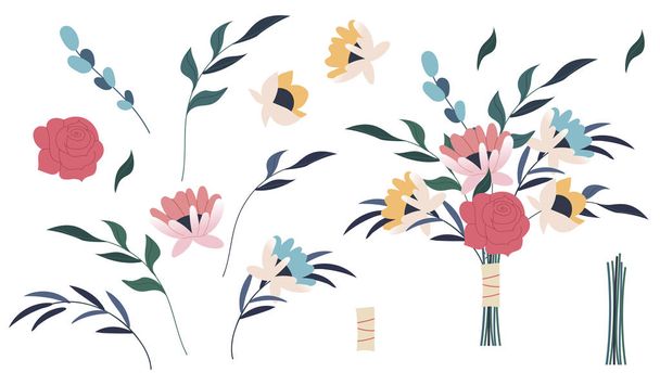 Flower pink rose, green leaves. Bundle of bouquets. Set of decorative floral design elements. Flat cartoon vector illustration. Set of floral branch. Floral poster, invite. - Vector, Image