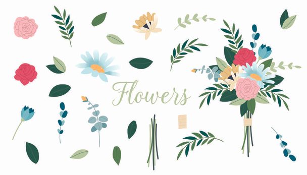 Vector floral bouquet design. Set of floral branch. Hand painted floral elements set. Set of vintage floral vector bouquet of peonies and garden flowers. - Вектор,изображение