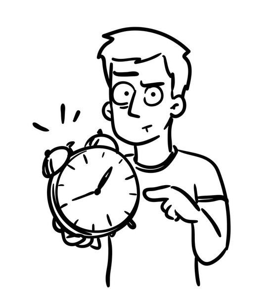 締め切り漫画。目覚まし時計落書き。その時間を示す時計を指している男はアップしています。面白いシンプルなベクトル、黒と白の手描きのイラスト. - ベクター画像
