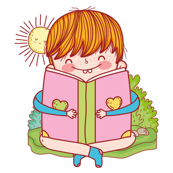 幸せな小さな少年本を読んで、庭で - ベクター画像