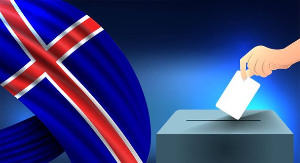 Mieskäsi laittaa valkoisen paperiarkin, jossa on merkintä äänestyslipukkeen symbolina Islannin lipun taustalla, Islanti vaalien symboli
 - Vektori, kuva