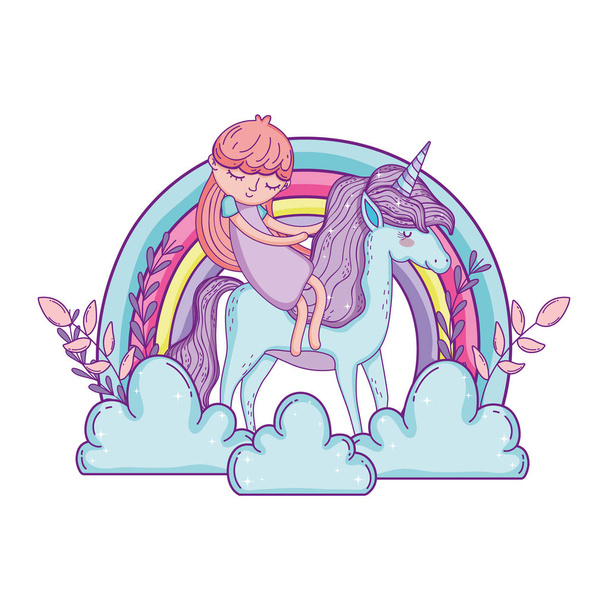 little unicorn and princess in the clouds with rainbow - Vector, Image