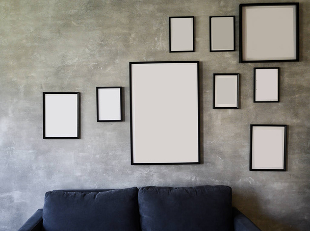 Black wooden photo frames mockup, set collection on modern wall, interior decor - Photo, image