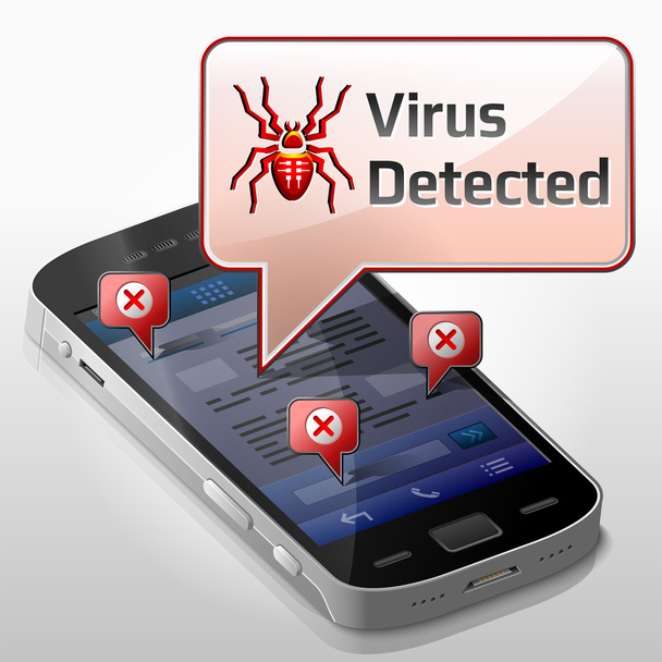 Smartphone con burbuja de mensajes sobre virus de la computadora
 - Vector, imagen