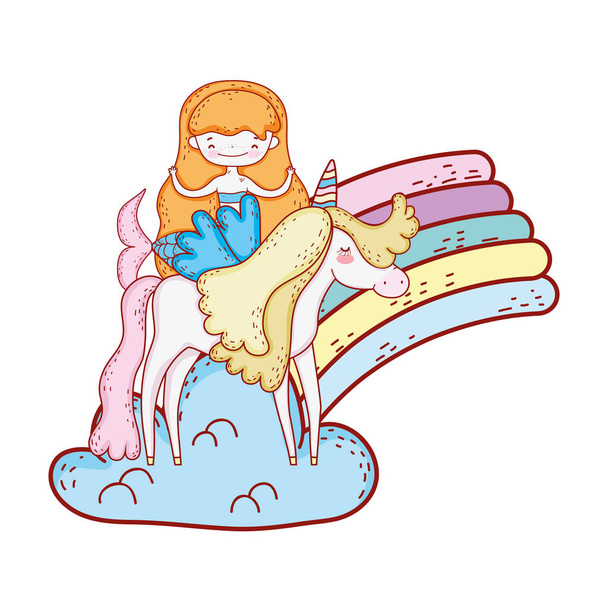mořská panna s jednorožcem a duhou v oblacích - Vektor, obrázek