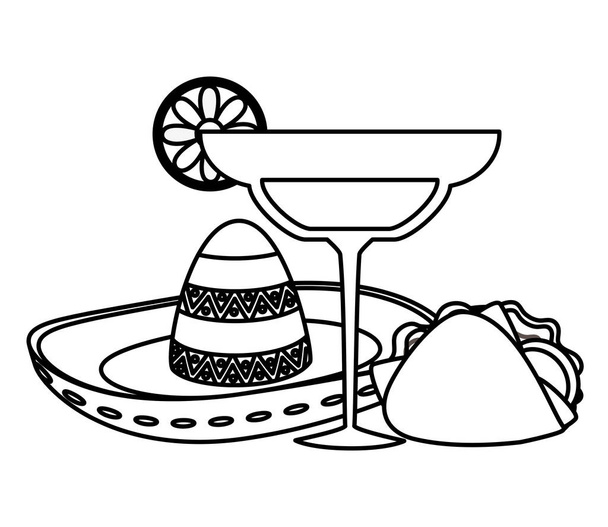 mexican hat with cocktail and taco - Vector, Image