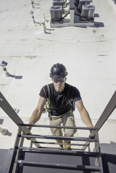Hvac Tech on Ladder - Photo, Image