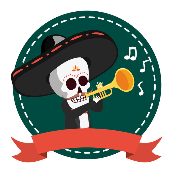 トランペットを演奏するメキシコの頭蓋骨マリアッチ - ベクター画像
