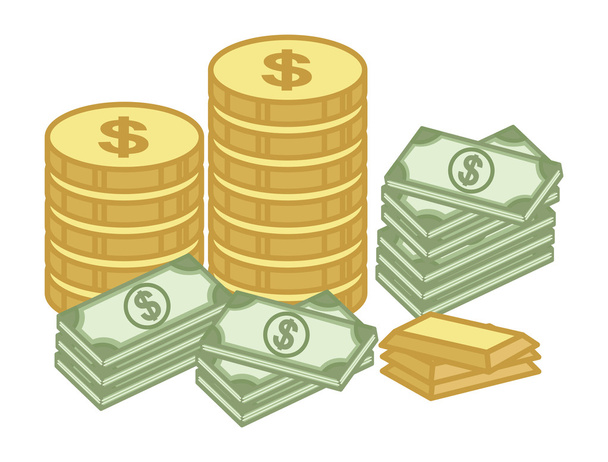 contant geld en goud munt - Financiën - geld - schat cartoon - vectorillustratie - Vector, afbeelding