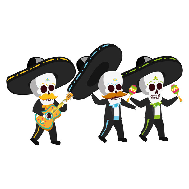 Mexikói koponyák mariachiak gitározni és maracas - Vektor, kép
