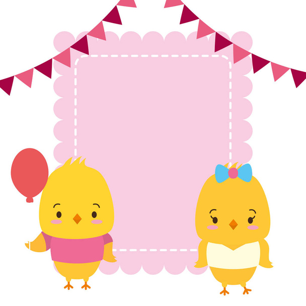 cute couple chicks animals greeting card - Vector, Image