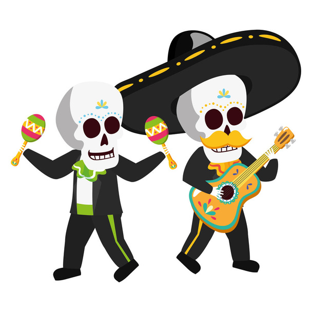 Mexicaanse schedels Mariachis gitaar en maracas spelen - Vector, afbeelding