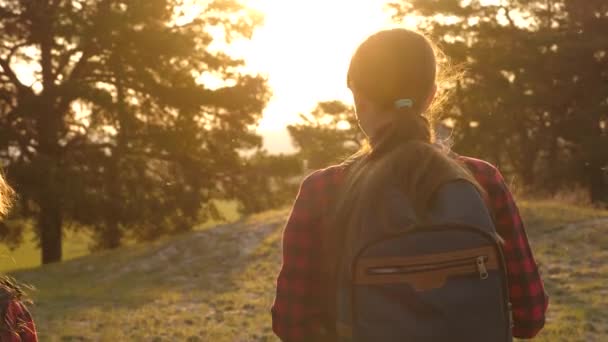 Hiker Girl. Two teen tourists travel with backpacks through the woods. Girls go hiking looking for adventures. The concept of sports tourism. Travel on vacation. Summer holidays - Footage, Video