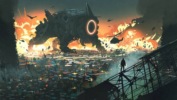 scifi kohtaus olento kone hyökkää kaupunkiin, digitaalisen taiteen tyyli, kuvitus maalaus
 - Valokuva, kuva