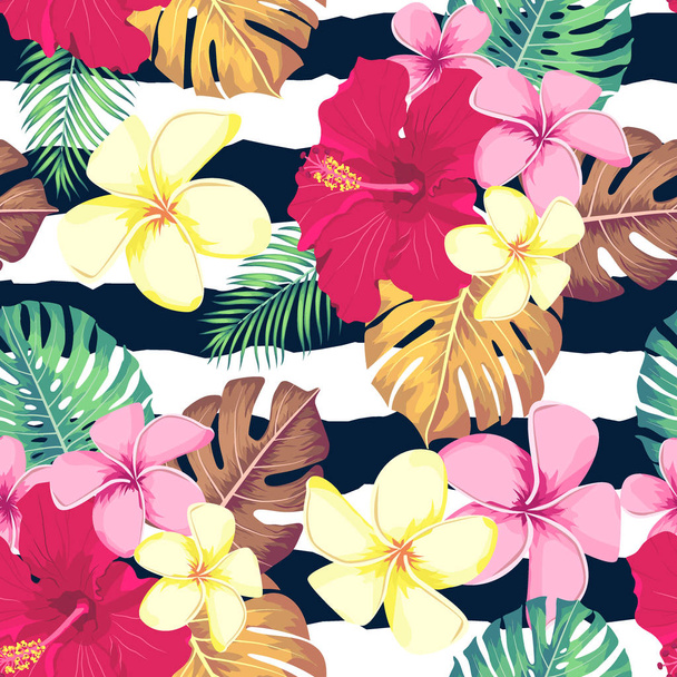 Exotic leaves and flowers on geometrical ornament. Seamless tropical pattern. Vector background. - ベクター画像