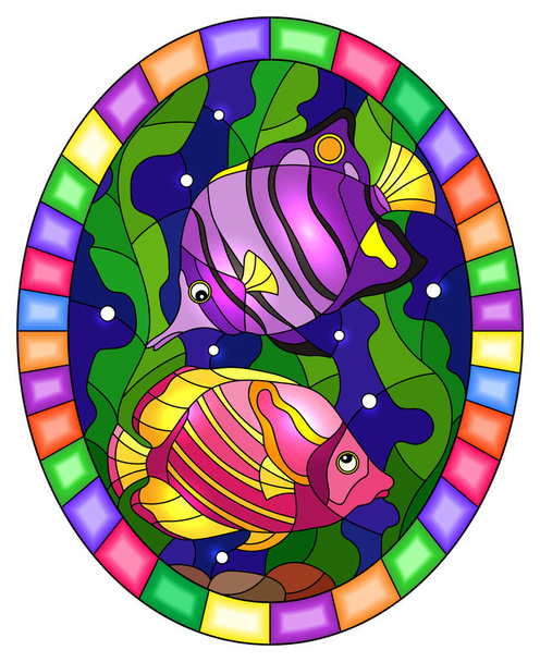 Ilustración en estilo vitral con un par de peces brillantes en el fondo de agua y algas, imagen oval en un marco brillante
 - Vector, imagen