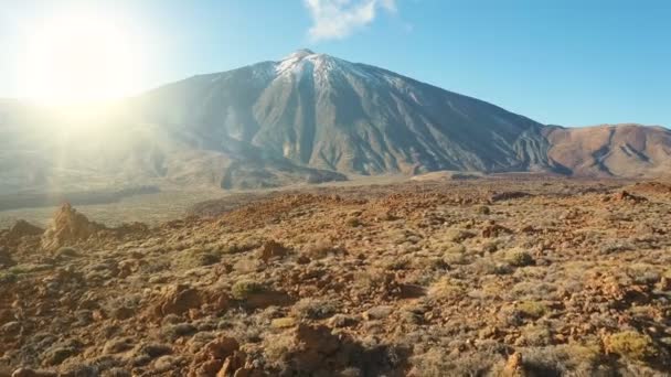 Aerial view of sunset over Teide volcano, Tenerife, Canary islands, Spain. Flight over volcanic desert facing volcano top. - Footage, Video
