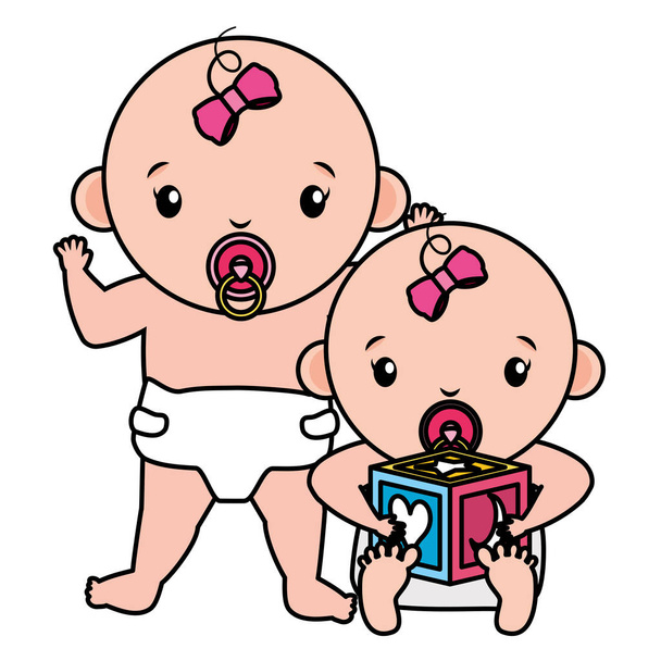χαριτωμένα μικρά μωρά κορίτσια με χαρακτήρες κύβου - Διάνυσμα, εικόνα