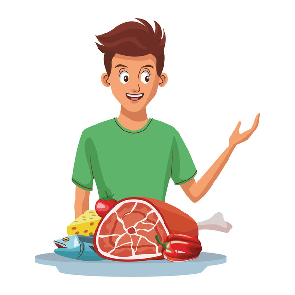 Young man and healthy food - Vector, Image