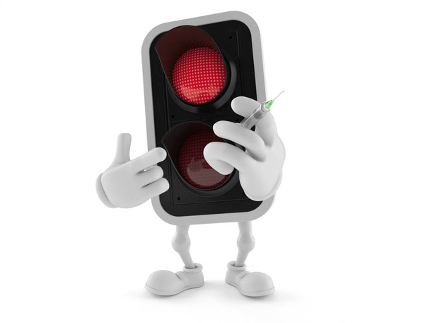 Carácter rojo del semáforo que sostiene una jeringa
 - Foto, Imagen