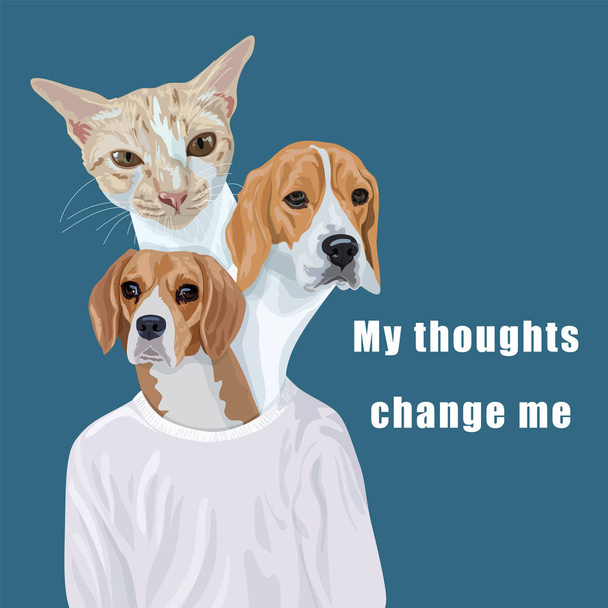 Mężczyzna w białej koszulce z dwiema głowami psów rasy Beagle i jedną głową o - Wektor, obraz