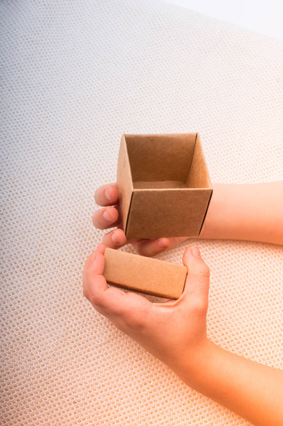 Hand holding cardboard box on a white background  - 写真・画像