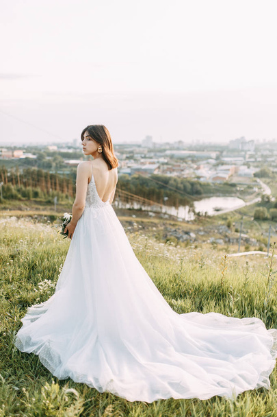 Bride with long dress in nature with sunset. A stylish wedding in the European style of fine art.  - Foto, afbeelding