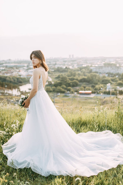 Bride with long dress in nature with sunset. A stylish wedding in the European style of fine art.  - Foto, afbeelding
