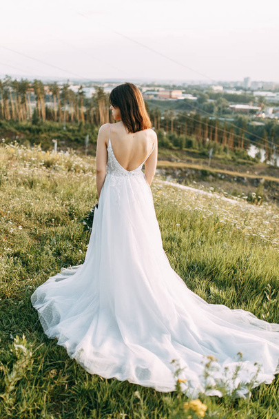 Νύφη με μακρύ φόρεμα στη φύση με το ηλιοβασίλεμα. Ένας κομψός γάμος στο Ευρωπαϊκό στυλ της καλών τεχνών.  - Φωτογραφία, εικόνα