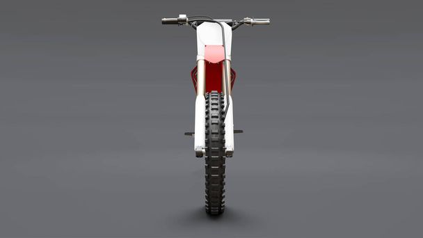 Red and white sport bike for cross-country on a gray background. Racing Sportbike. Modern Supercross Motocross Dirt Bike. 3D Rendering. - Photo, Image
