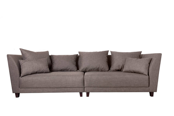 Moderní šedá tkaná pohovka s polštáři izolovanými na bílém pozadí. Přísný styl nábytku - Fotografie, Obrázek