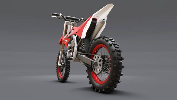 Bicicletta sportiva rossa e bianca per sci di fondo su fondo grigio. Racing Sportbike. Moderna Supercross Motocross Dirt Bike. Rendering 3D
. - Foto, immagini