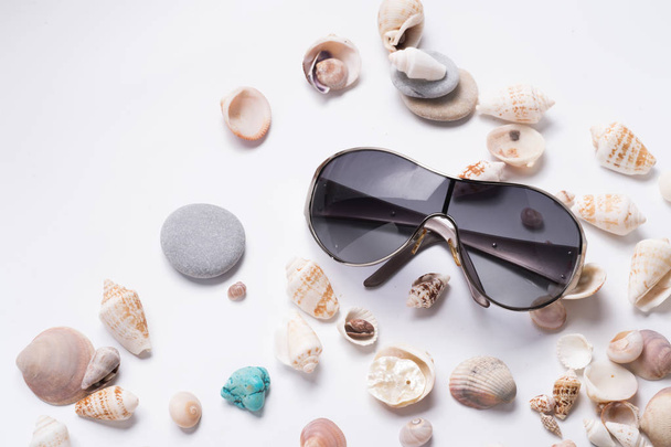 fashion sun eyeglasses around marine shells at white background - Foto, Imagem