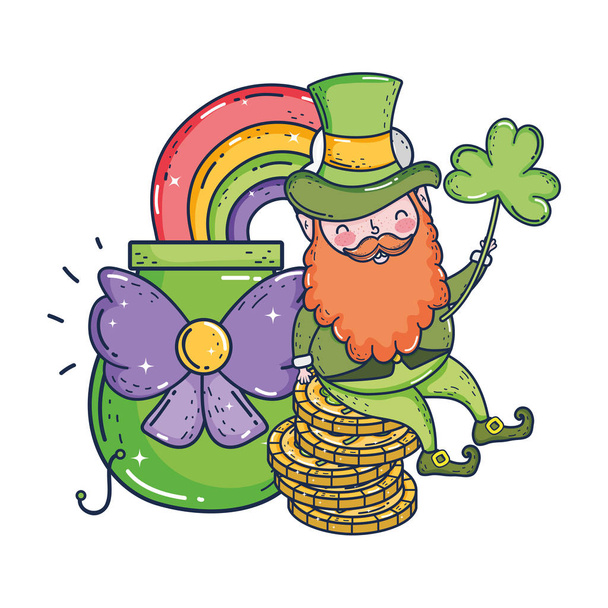 St Patricks dag Leprechaun met schat munten - Vector, afbeelding