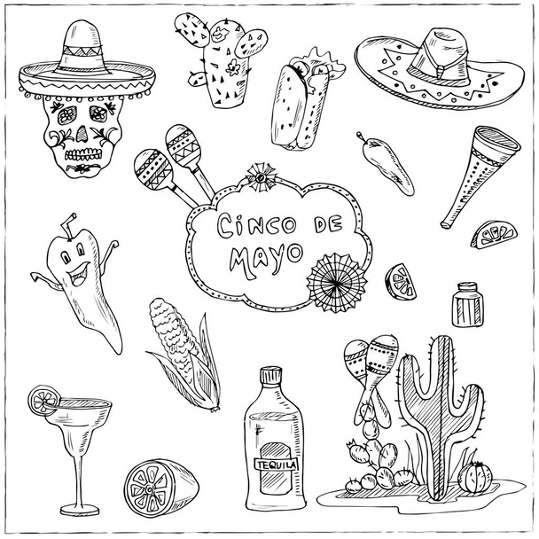Cinco de Mayo Hand drawn doodle set. Vector illustration. Isolated elements on chalkboard background. Symbol collection. - Vector, Image