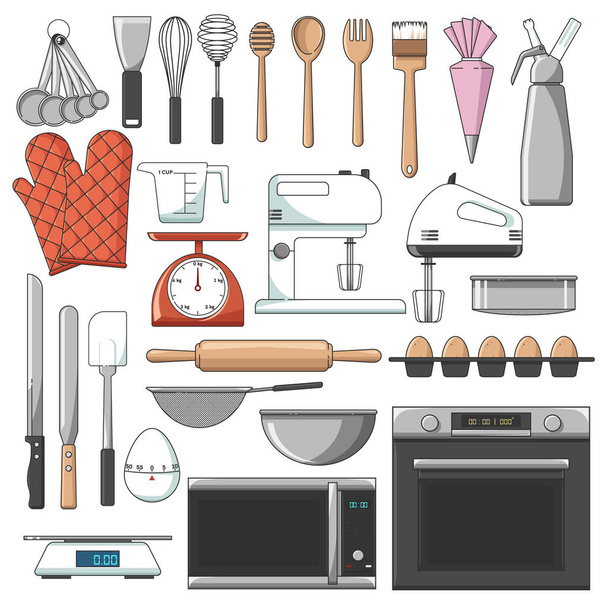 Λίστα των κύριων εργαλείων αρτοποιείου εικονίδιο διάνυσμα εδώ είναι τα εργαλεία της κουζίνας κάθε αρτοποιός χρειάζεται - Διάνυσμα, εικόνα
