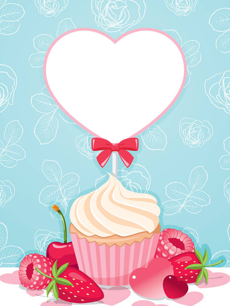 Cupcake with blank heart tag. - Vector, imagen
