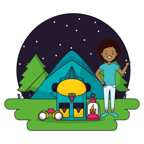 young woman camping tent backpack lantern and binoculars - Vector, Image