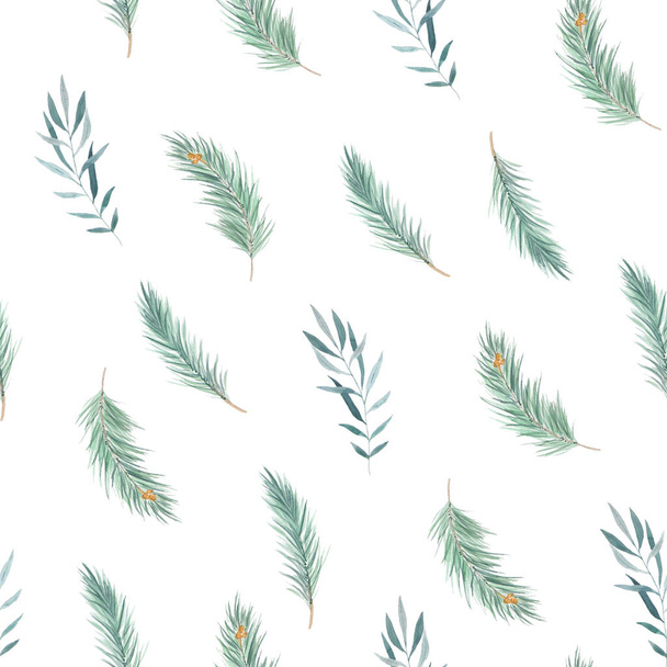 Watercolor seamless pattern with pine branches - Фото, изображение