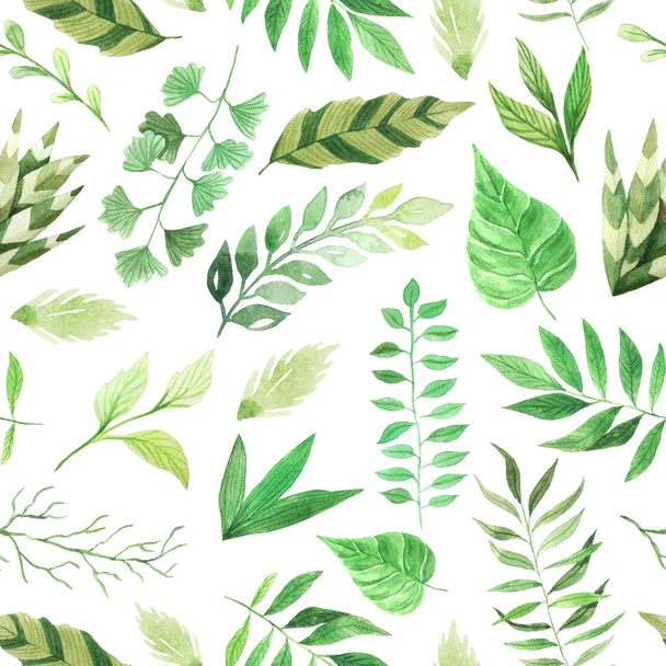 Seamless pattern with watercolor green leaves - Fotoğraf, Görsel